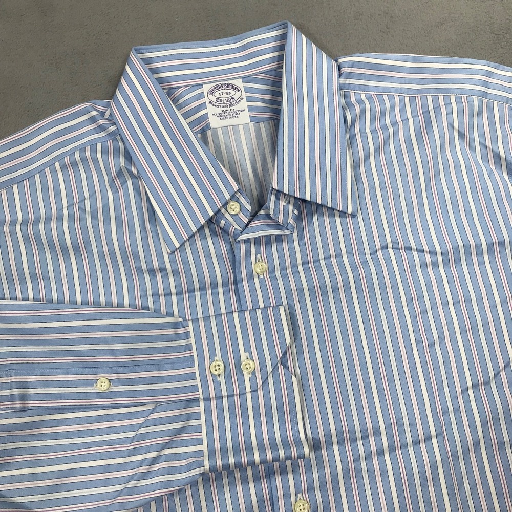 Vintage Brooks Brothers Shirt Men's 17-33 Blue Striped Slim Fit USA Made Italy